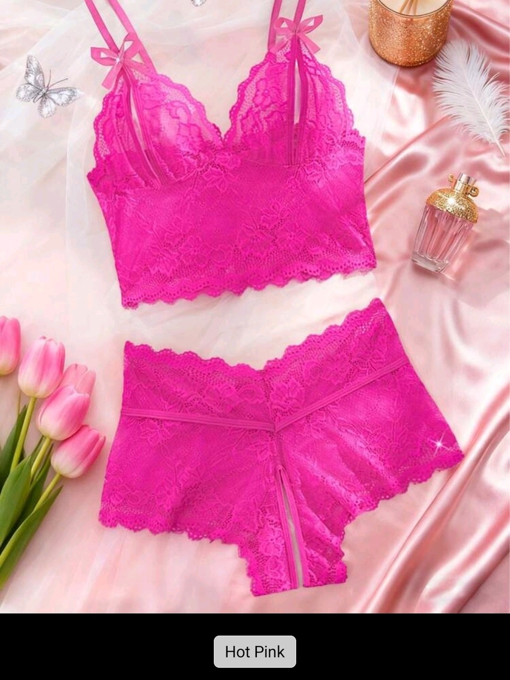NWOT 2pcs Women's Crotchless Lingerie Set, Adjustable Strap Bow Cami- NEVER WORN